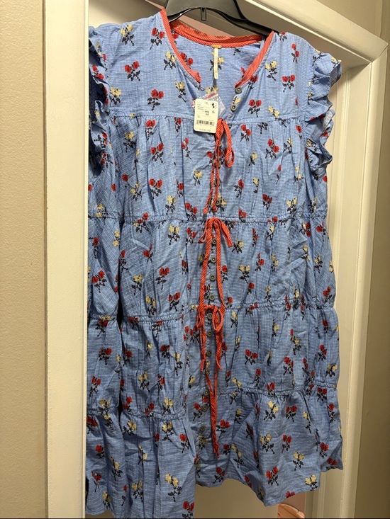 Free People Dresses & Skirts - Free People Blue Floral Mini Dress with Red Accents